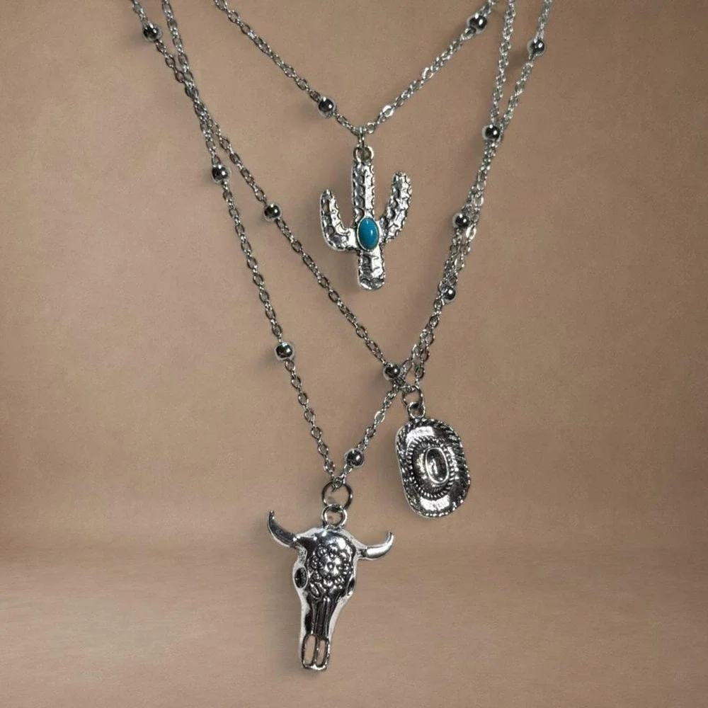 Western Y2K Layered Bull Skull & Turquoise Charm Necklace